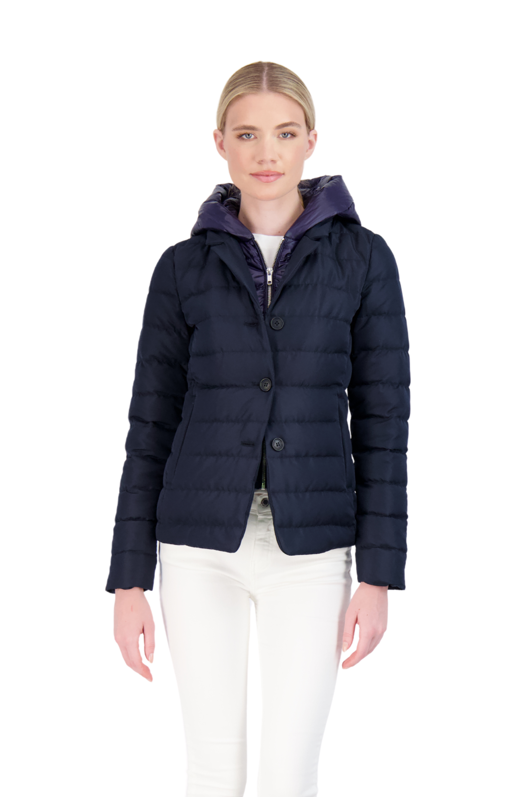 Womens navy puffer coat with hood hotsell