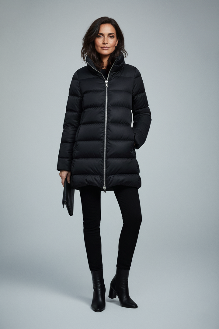 The Dorchester | Down Coat with Chunky Zipper | Midnight Black