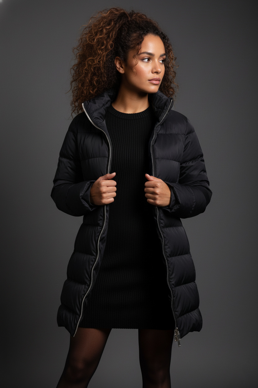 The Dorchester | Down Coat with Chunky Zipper | Midnight Black