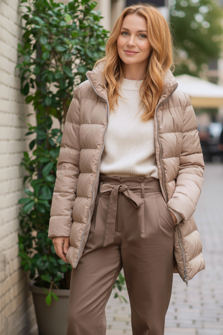 The Dorchester | Down Coat with Chunky Zipper | Taupe