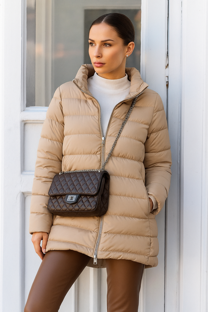 The Dorchester | Down Coat with Chunky Zipper | Taupe