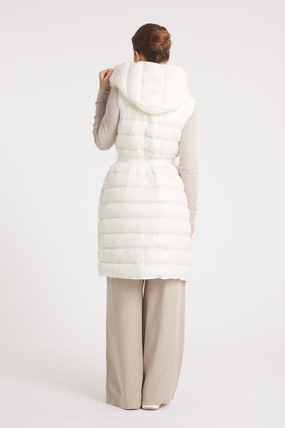 The Camden | Long Hooded Down Vest | Ivory - Cotes of London