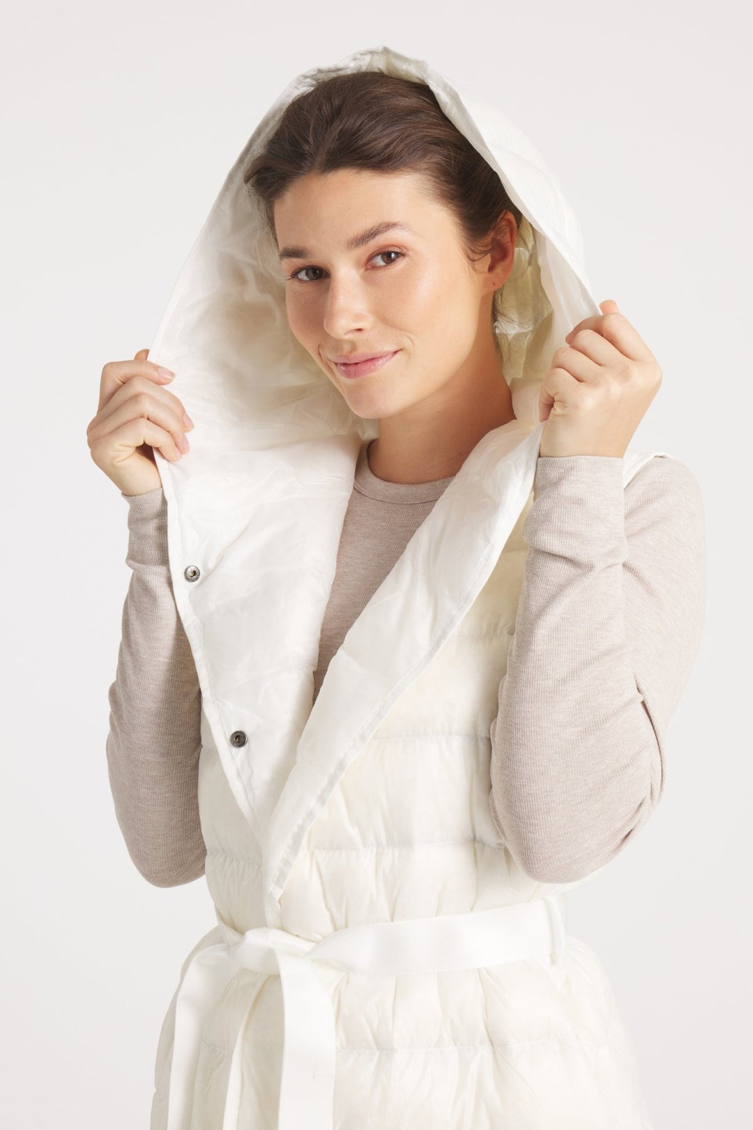 The Camden | Long Hooded Down Vest | Ivory - Cotes of London