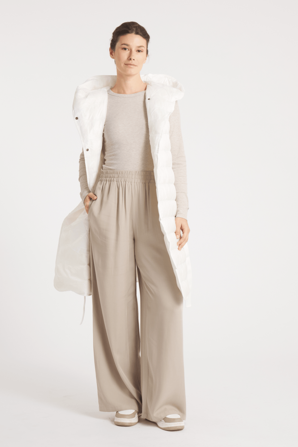 The Camden | Long Hooded Down Vest | Ivory - Cotes of London