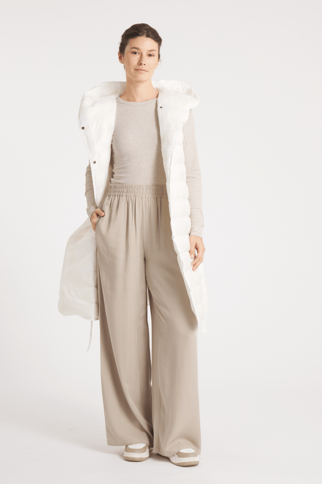 The Camden | Long Hooded Down Vest | Ivory - Cotes of London