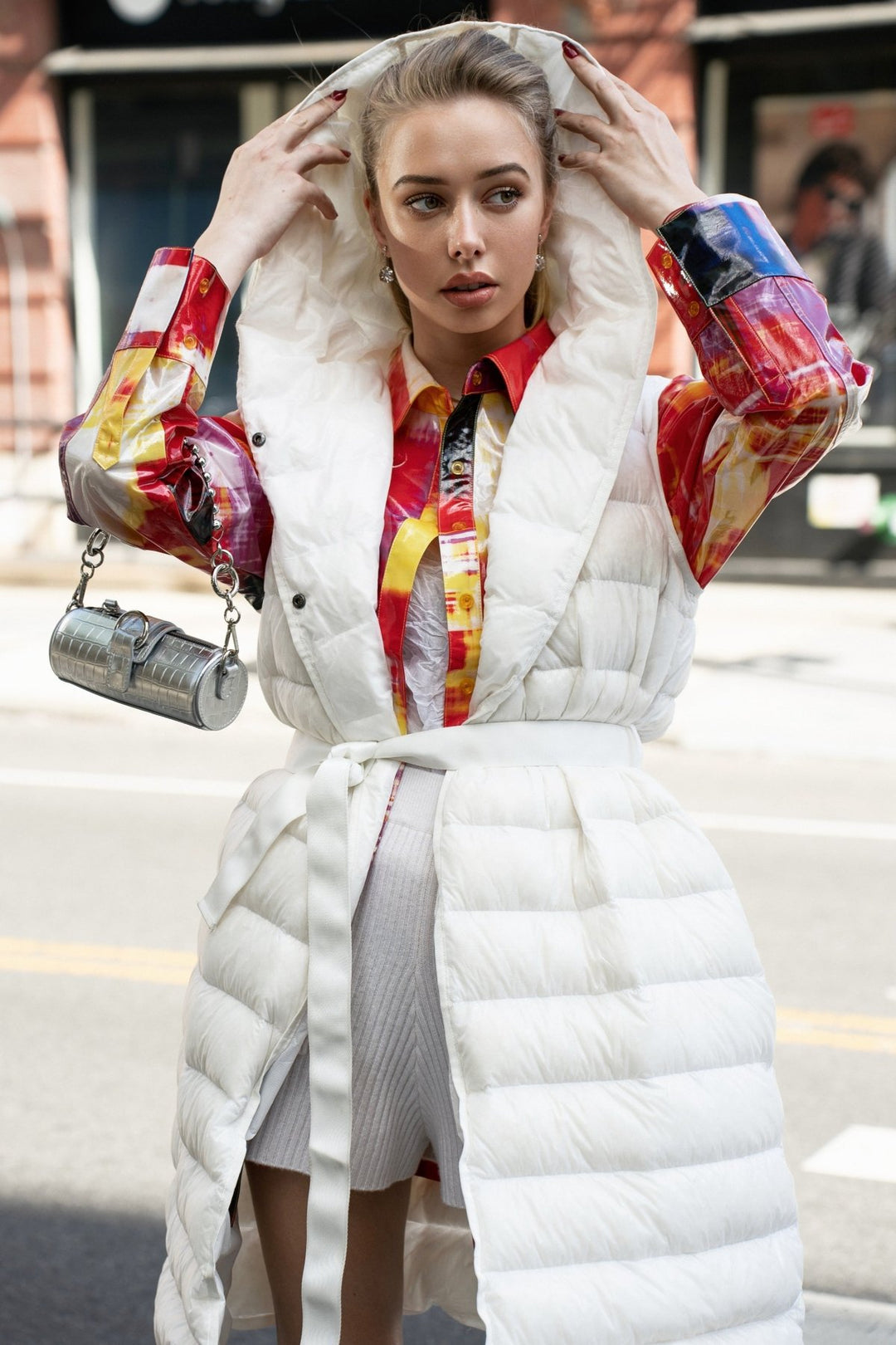 The Camden | Long Hooded Down Vest | Ivory - Cotes of London