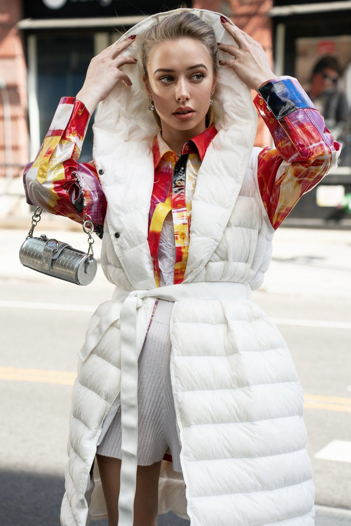 The Camden | Long Hooded Down Vest | Ivory - Cotes of London