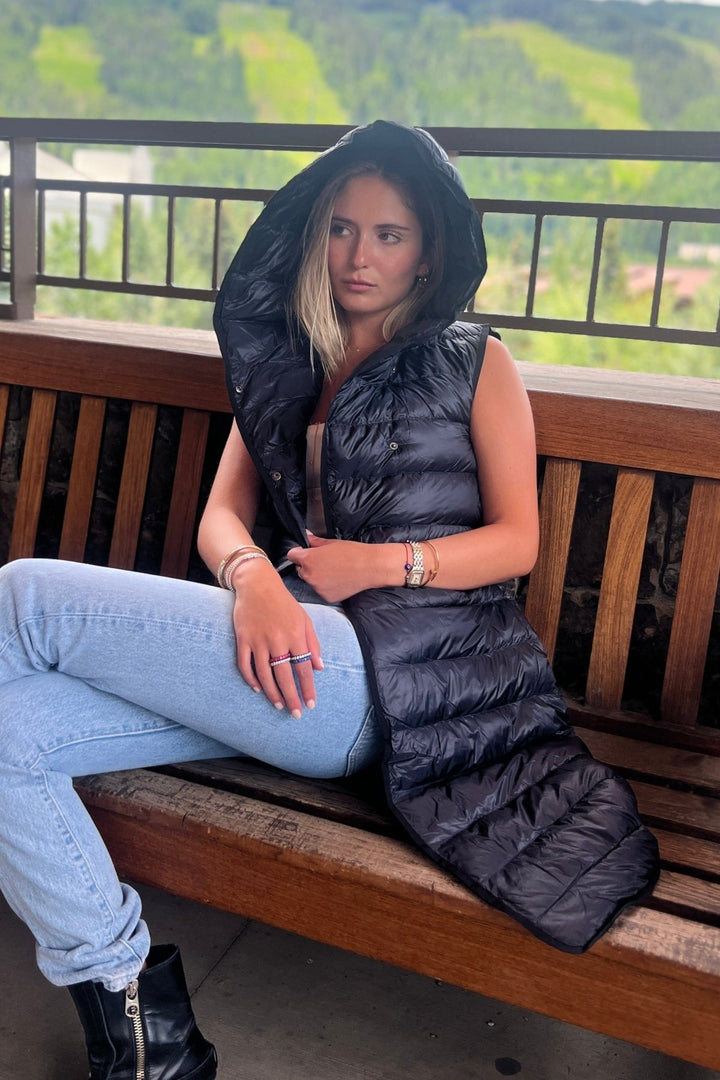 The Camden | Long Hooded Down Vest | Midnight Black - Cotes of London