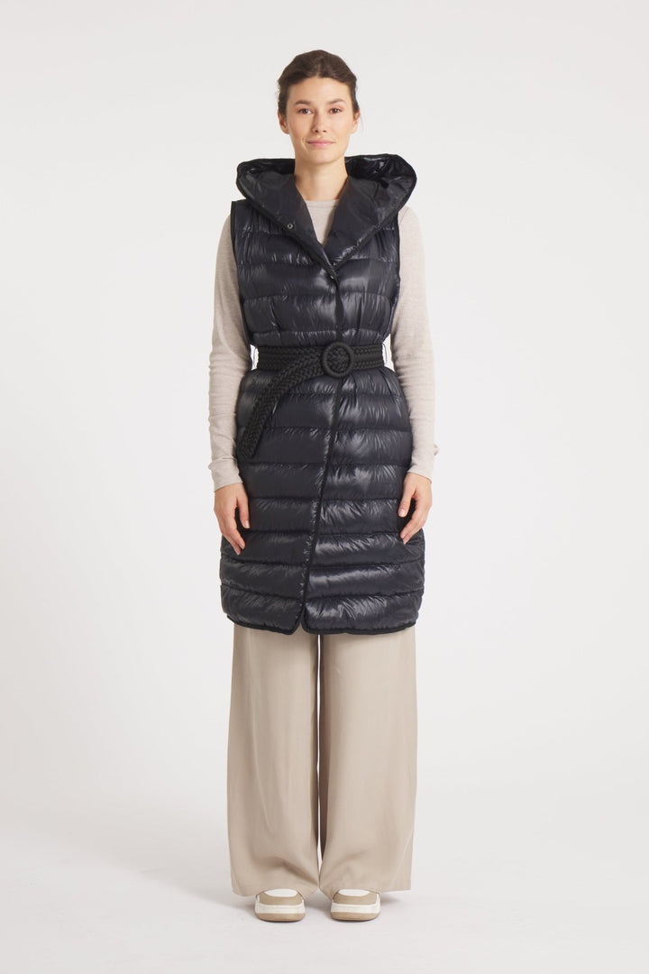 The Camden | Long Hooded Down Vest | Midnight Black - Cotes of London