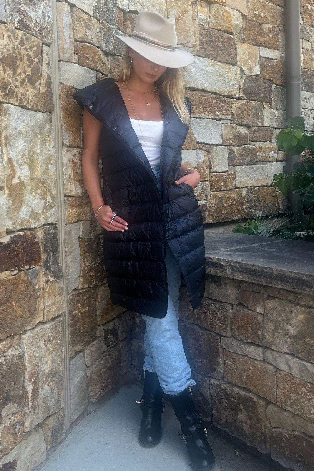 The Camden | Long Hooded Down Vest | Midnight Black - Cotes of London