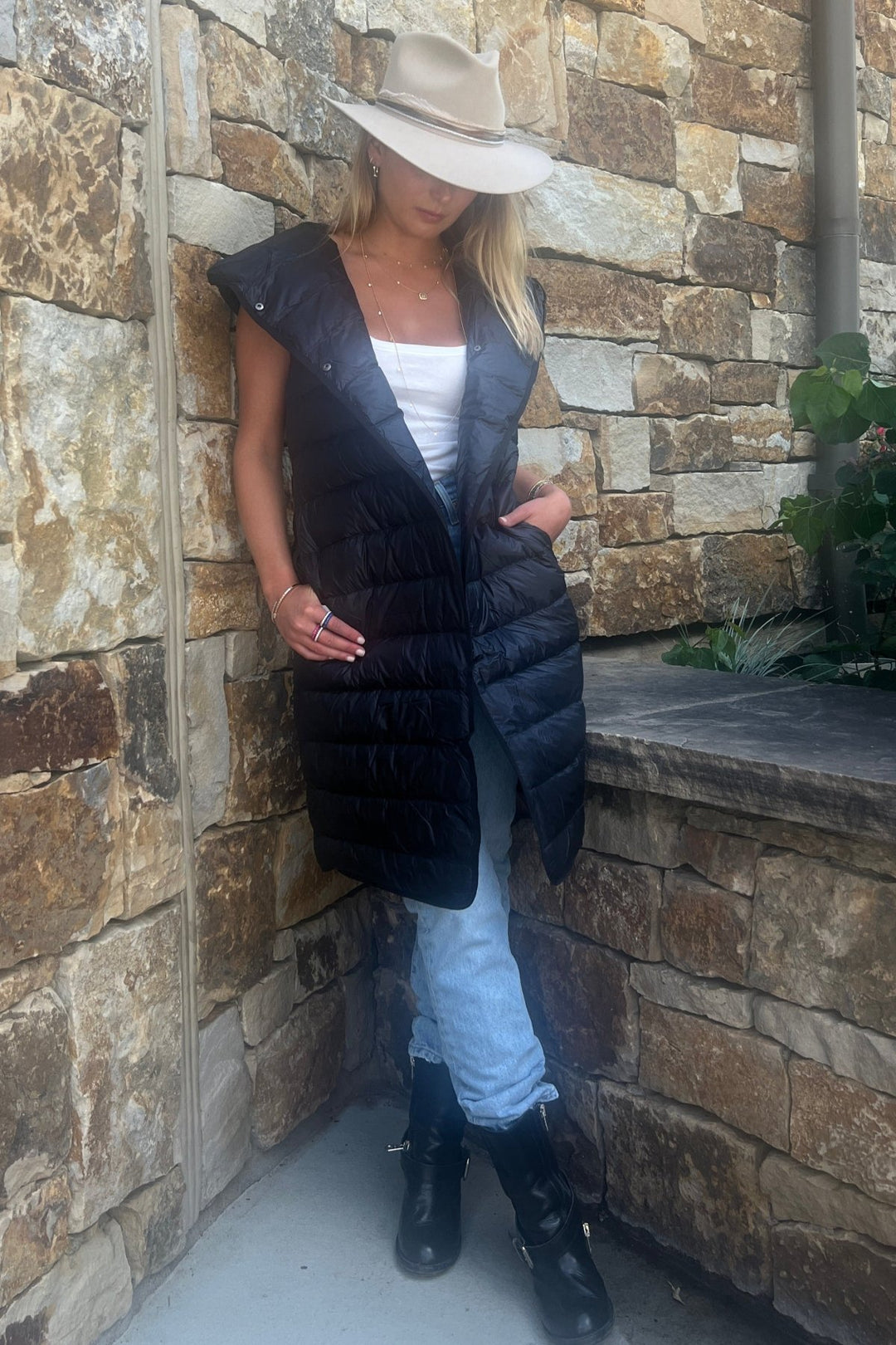 The Camden | Long Hooded Down Vest | Midnight Black - Cotes of London