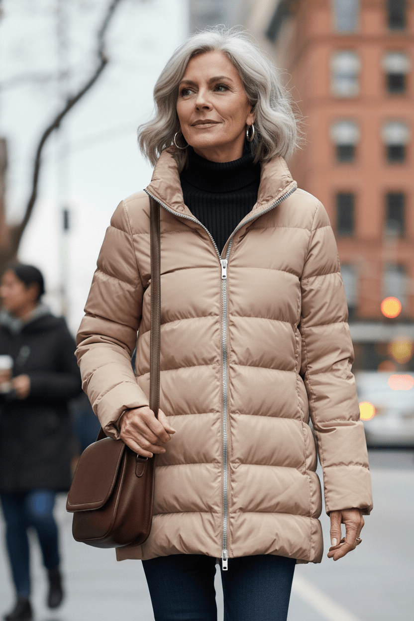 The Dorchester | Down Coat with Chunky Zipper | Taupe - Cotes of London