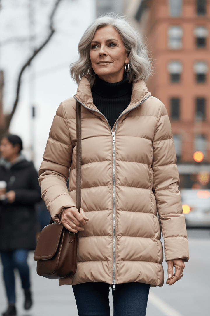 The Dorchester | Down Coat with Chunky Zipper | Taupe - Cotes of London