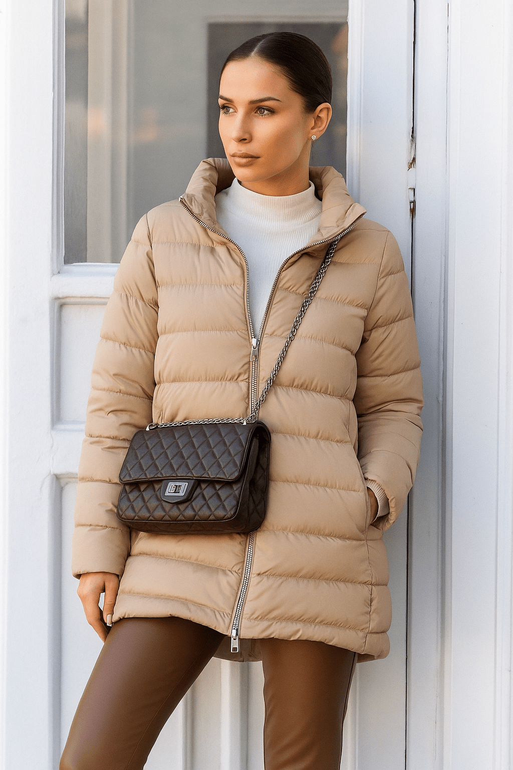 The Dorchester | Down Coat with Chunky Zipper | Taupe - Cotes of London