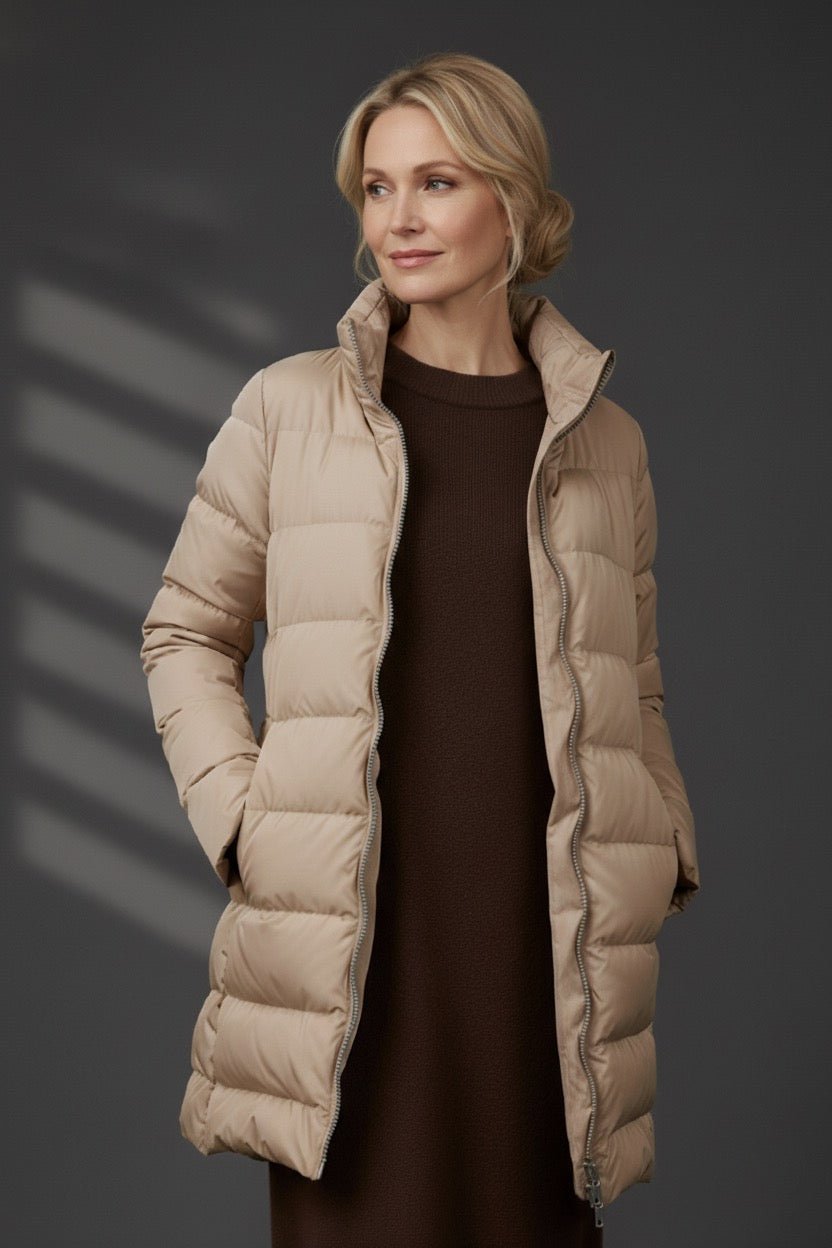The Dorchester | Down Coat with Chunky Zipper | Taupe - Cotes of London
