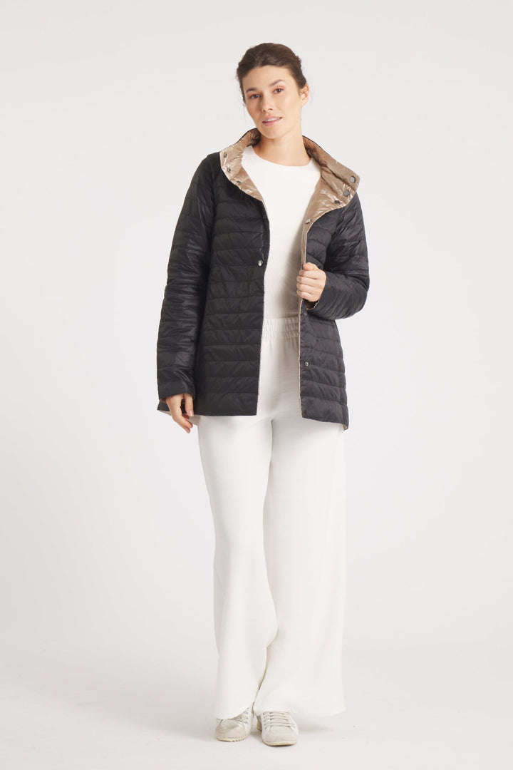 The Knightsbridge | Lightweight 2 in 1 Reversible Down Coat | Matte Black / Metallic Gold - Cotes of London