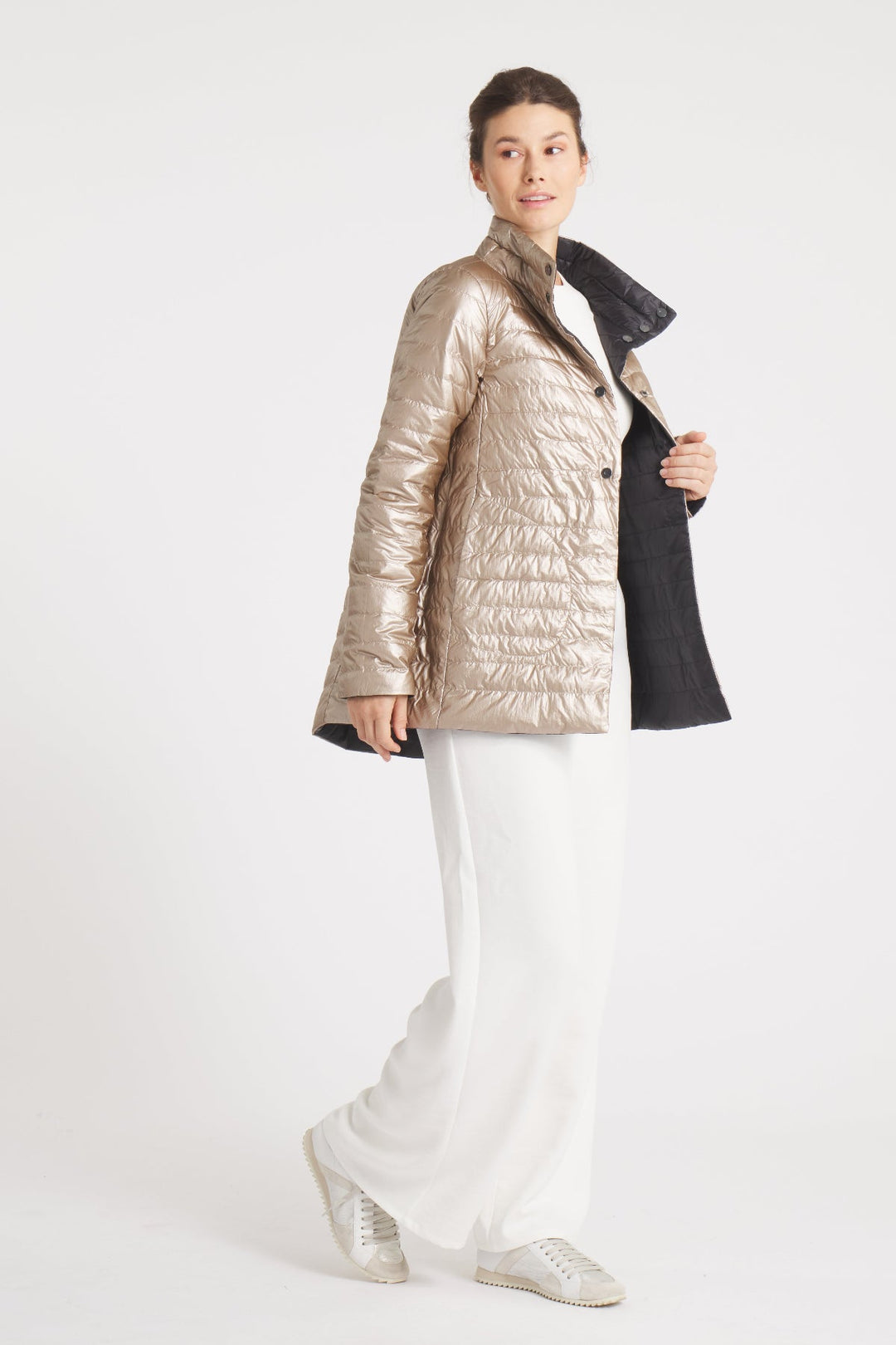 The Knightsbridge | Lightweight 2 in 1 Reversible Down Coat | Matte Black / Metallic Gold - Cotes of London