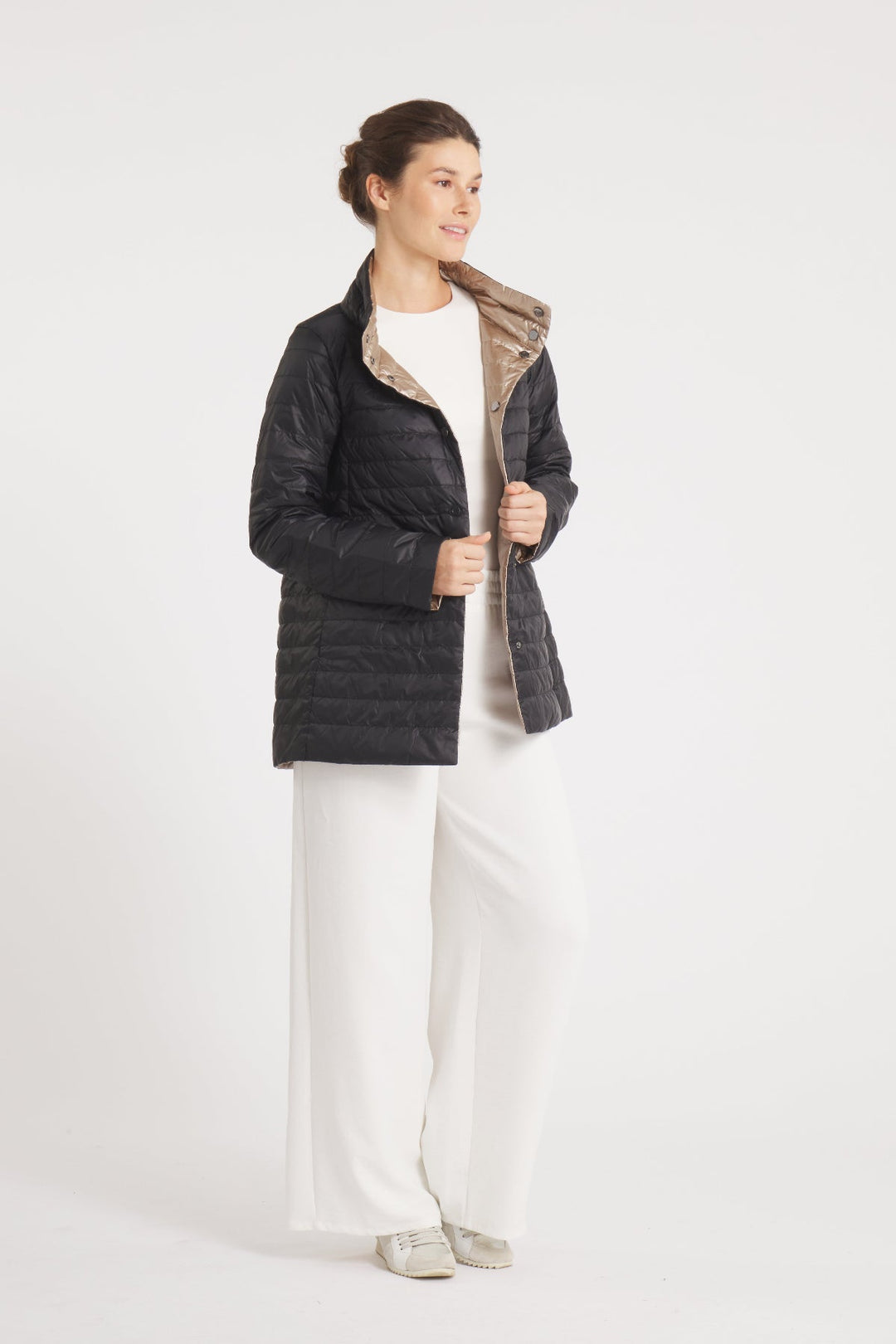 The Knightsbridge | Lightweight 2 in 1 Reversible Down Coat | Matte Black / Metallic Gold - Cotes of London