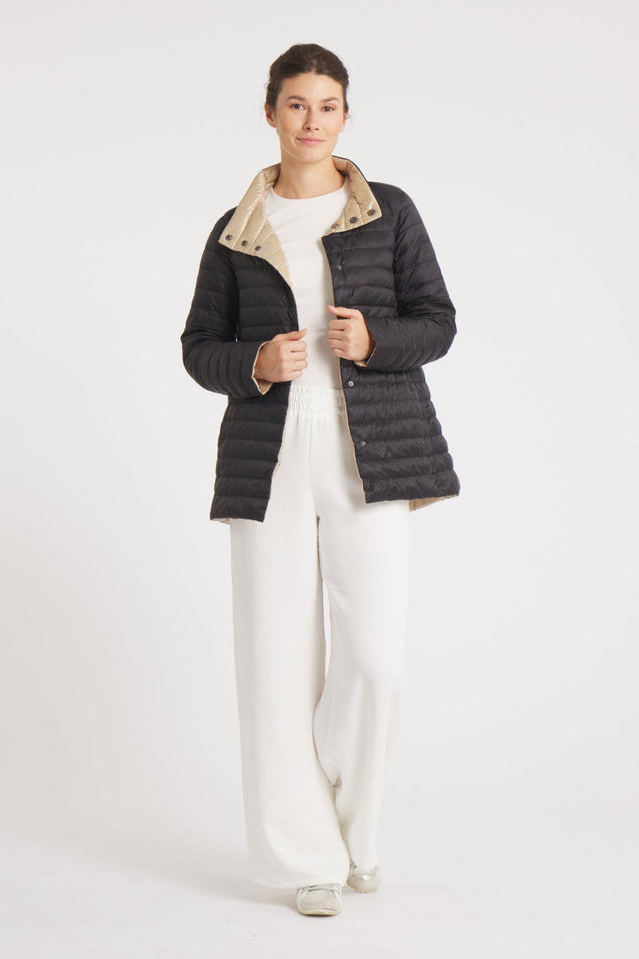 The Knightsbridge | Lightweight 2 in 1 Reversible Down Coat | Matte Black / Metallic Gold - Cotes of London