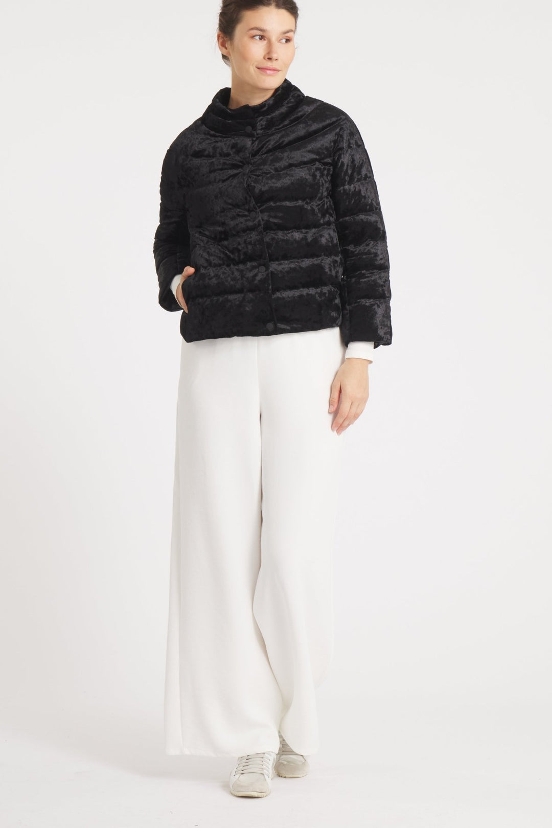 The Soho | Velour Down 3/4 Sleeve Jacket | Midnight Black - Cotes of London