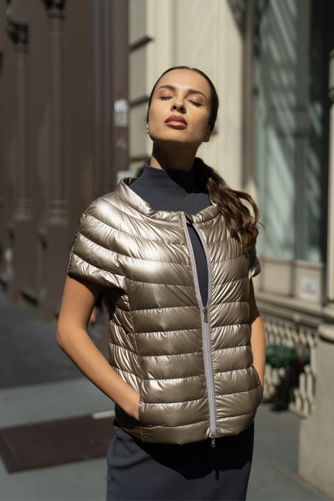 Down vest with short sleeves outlet